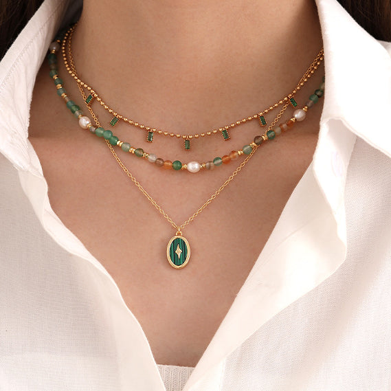 Peacock Green Zircon Pearl Layered Necklaces