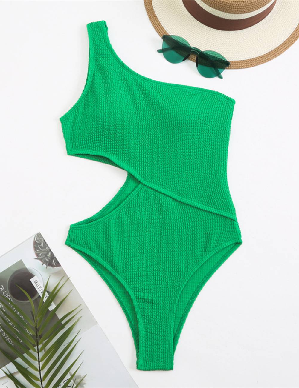 Wrinkle One Shoulder One Piece Swimwear