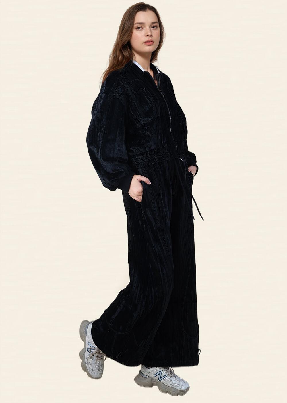 Ladies Black Drawstring Velvet Pants