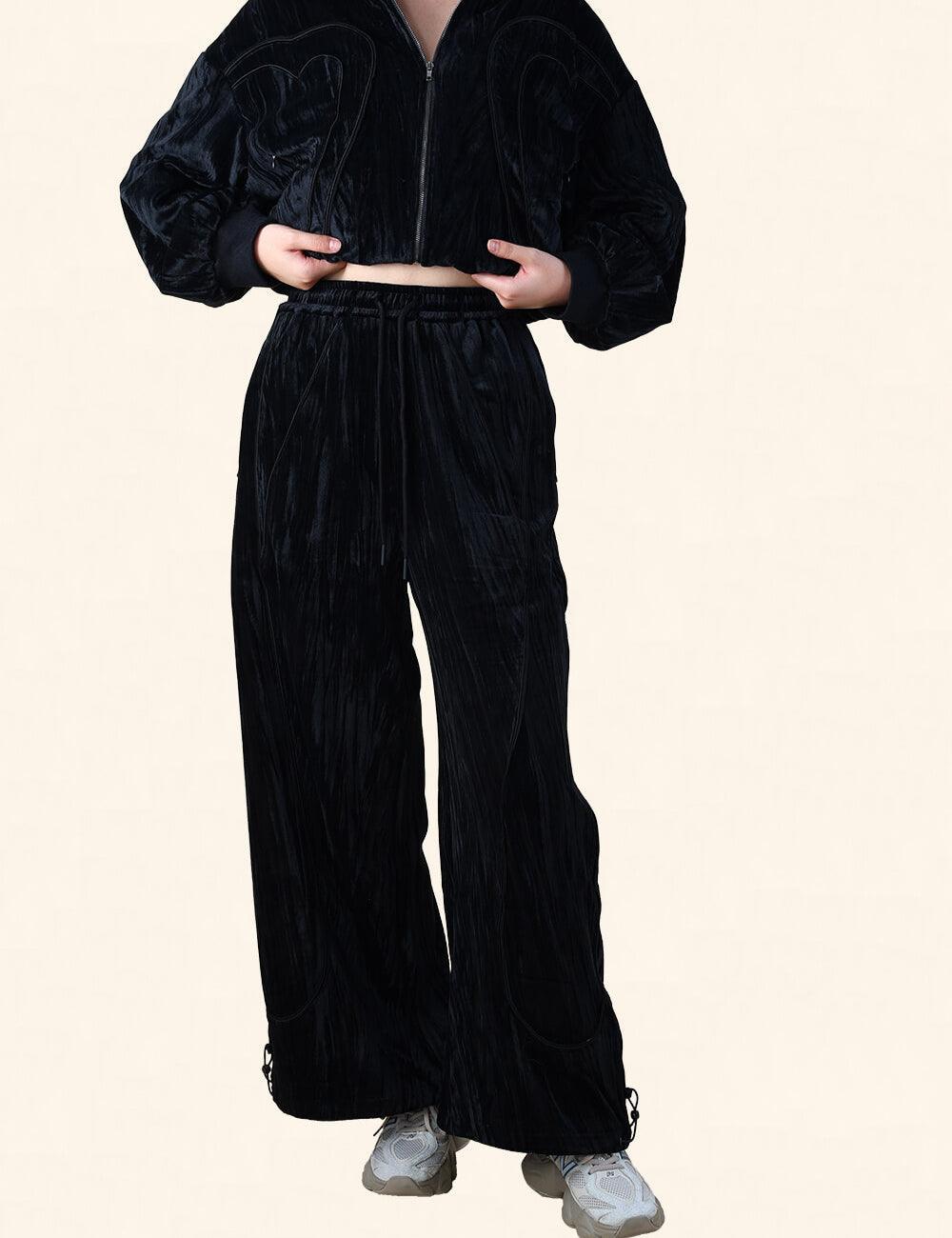 Ladies Black Drawstring Velvet Pants