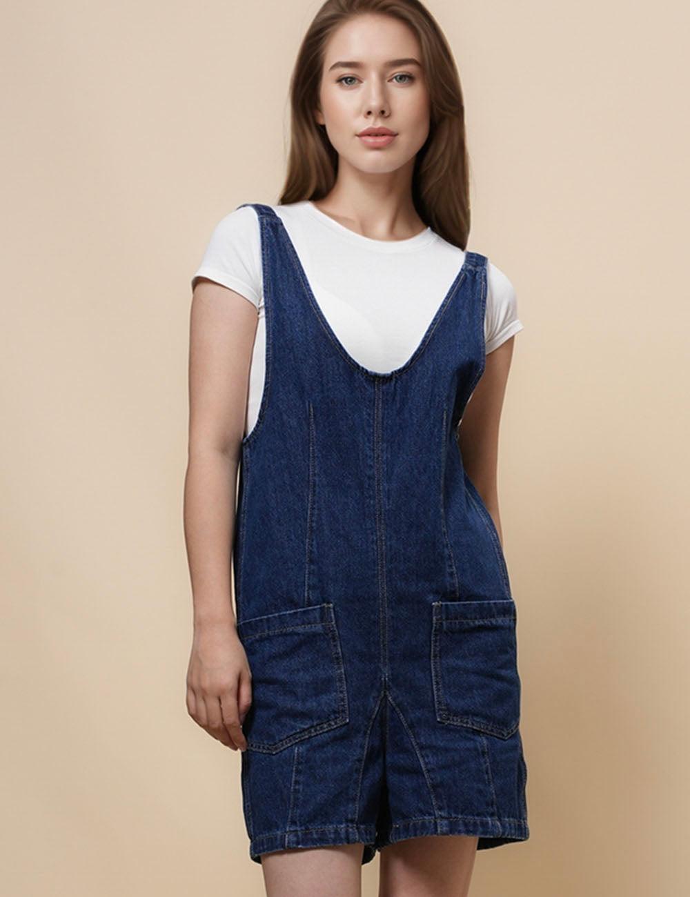 Denim Adjustable Shoulder High Roller Romper