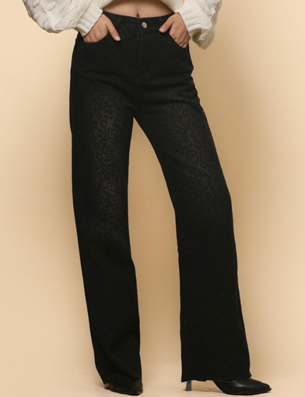 Women's High Waist Straight Narrow Denim Leopard Print Pants