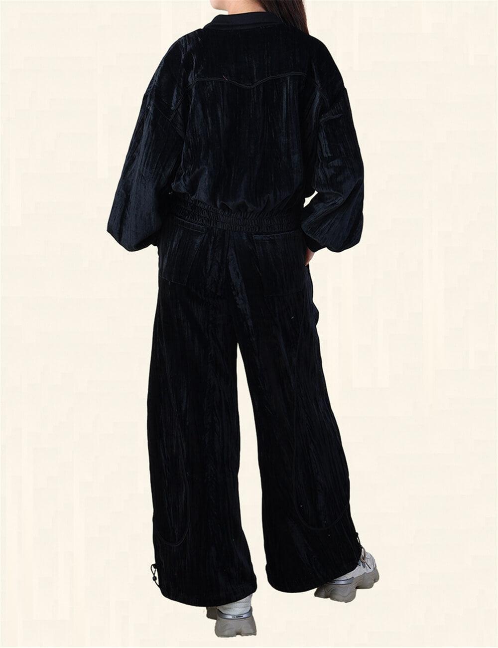 Ladies Black Drawstring Velvet Pants