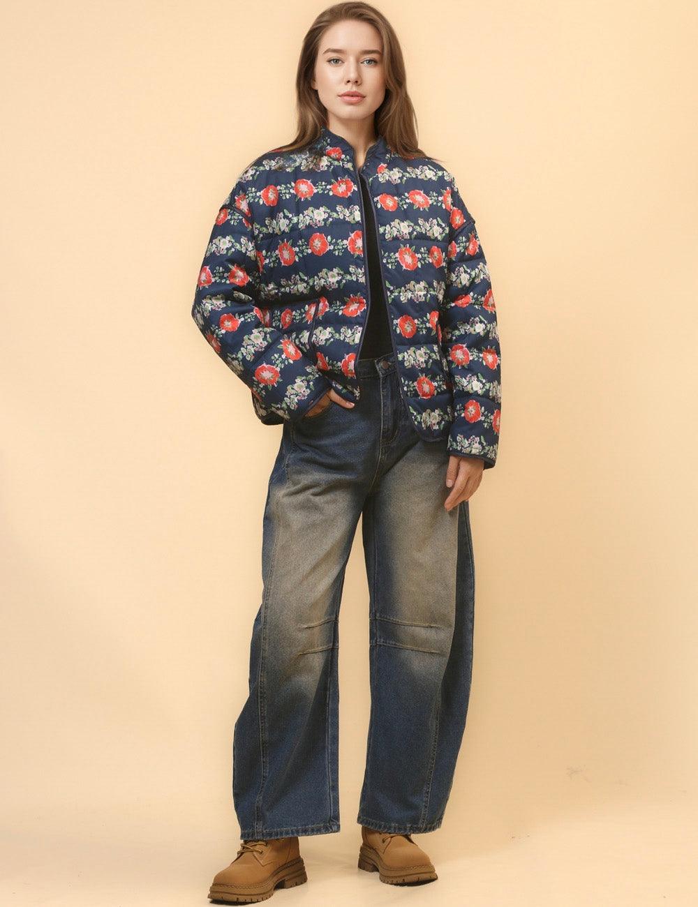 Ladies Floral Printed Cotton-Padded Jacket