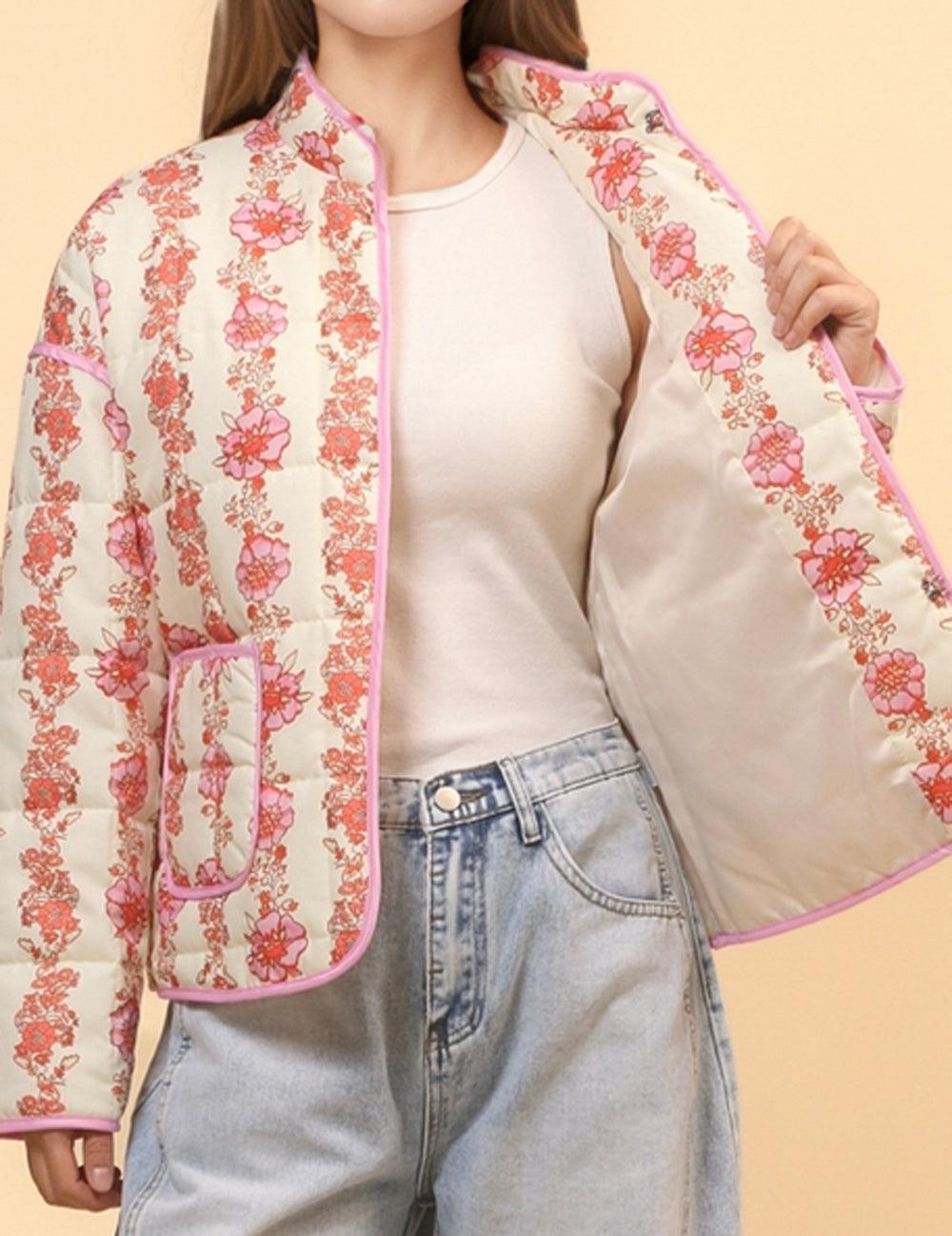 Ladies Floral Printed Cotton-Padded Jacket
