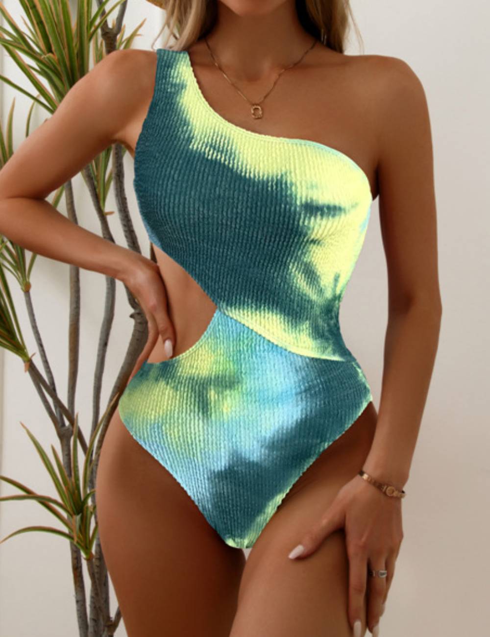 Wrinkle One Shoulder One Piece Swimwear