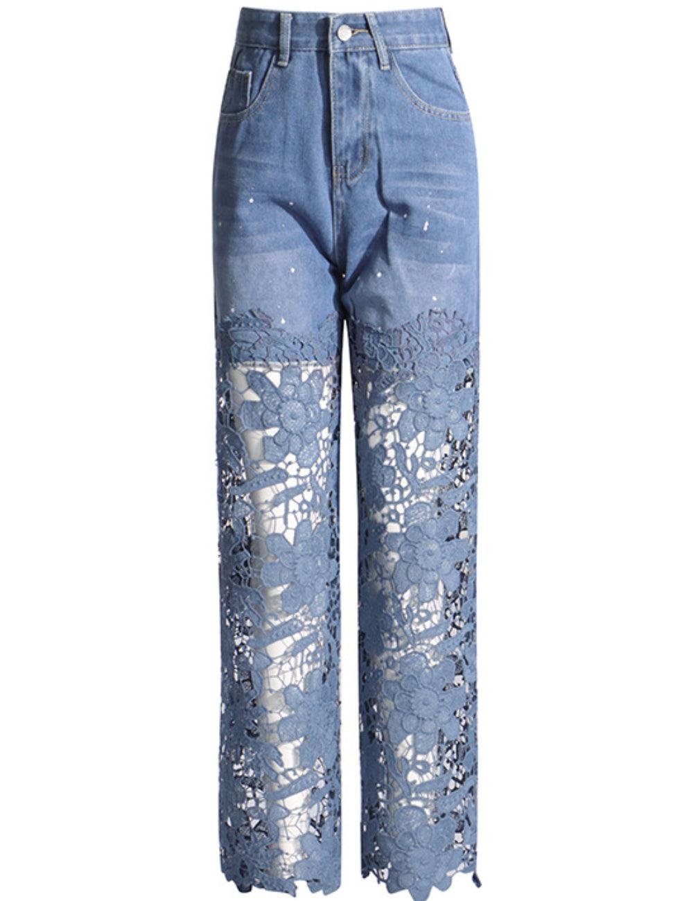 Ladies High Waist Lace Hollow Out Jeans