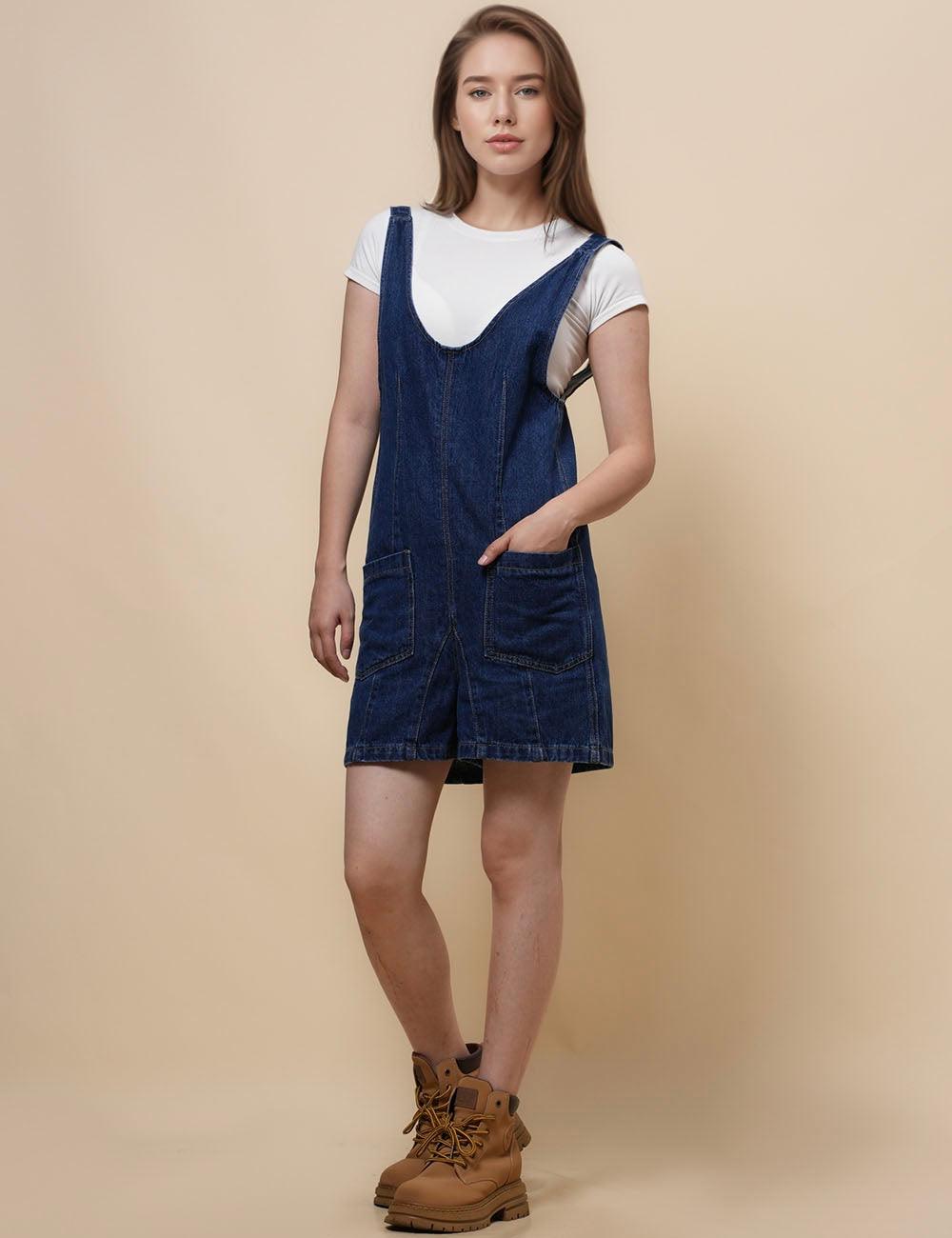 Denim Adjustable Shoulder High Roller Romper