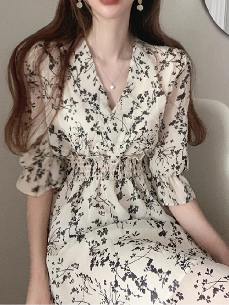 Vintage Korean Summer A-Line Dress – Slim Fit, V-Neck Floral Chiffon, Office Chic
