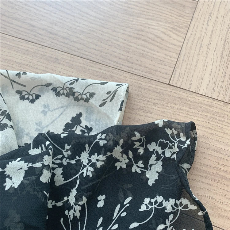 Vintage Korean Summer A-Line Dress – Slim Fit, V-Neck Floral Chiffon, Office Chic