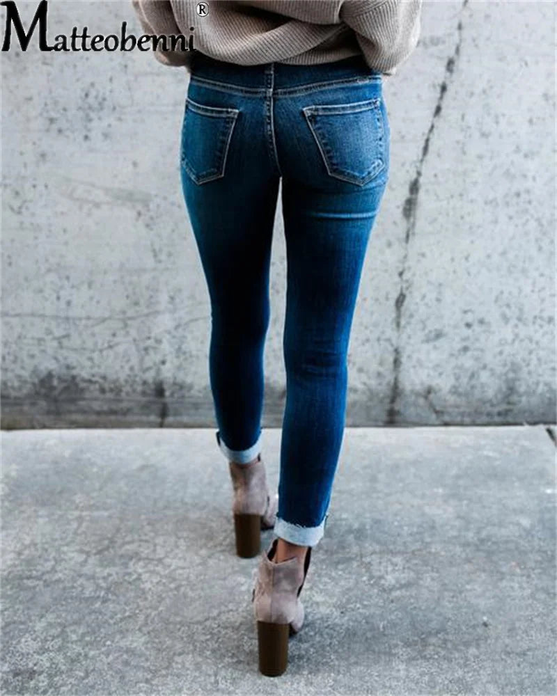 Women’s High-Waist Ripped Pencil Jeans – Tight-Fitting Stretch Denim Streetwear.