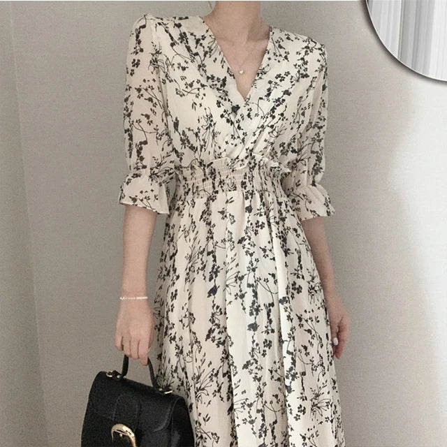 Vintage Korean Summer A-Line Dress – Slim Fit, V-Neck Floral Chiffon, Office Chic