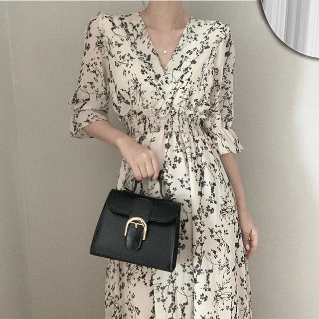 Vintage Korean Summer A-Line Dress – Slim Fit, V-Neck Floral Chiffon, Office Chic