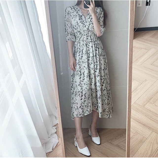 Vintage Korean Summer A-Line Dress – Slim Fit, V-Neck Floral Chiffon, Office Chic