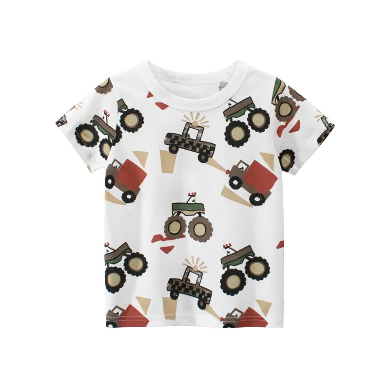 Kids’ T-Shirt – Cartoon Car Print, Short Sleeve, Cotton Tee for Boys & Girls