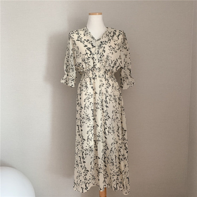 Vintage Korean Summer A-Line Dress – Slim Fit, V-Neck Floral Chiffon, Office Chic