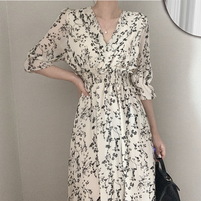 Vintage Korean Summer A-Line Dress – Slim Fit, V-Neck Floral Chiffon, Office Chic