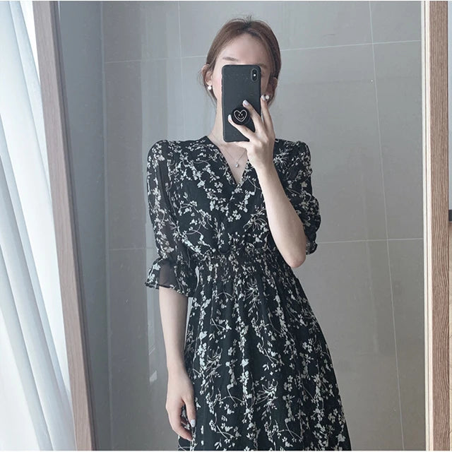Vintage Korean Summer A-Line Dress – Slim Fit, V-Neck Floral Chiffon, Office Chic
