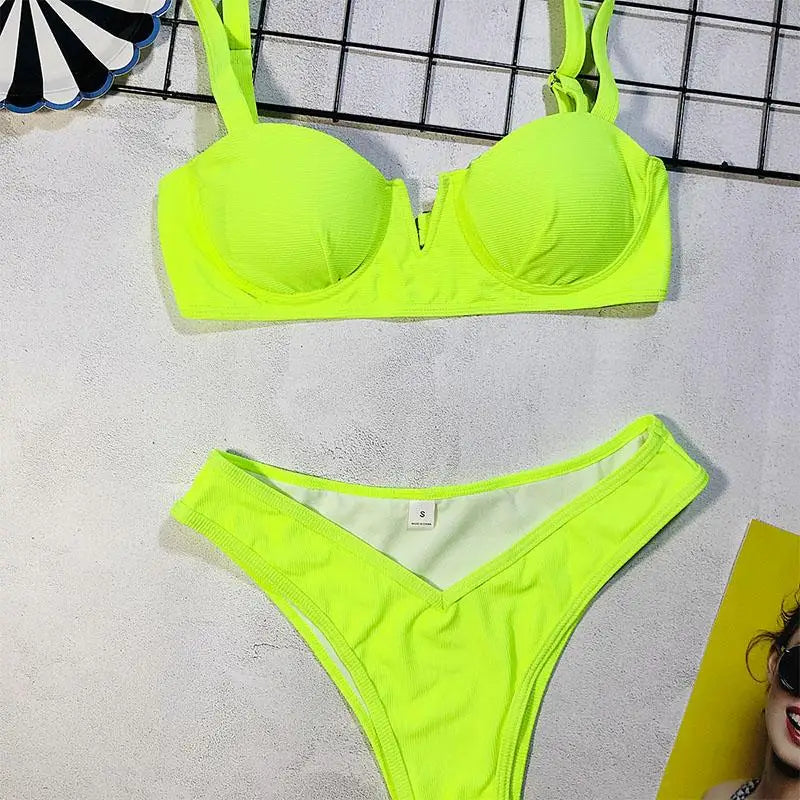 Neon Green Bikini – Underwired, high waist, push-up two-piece.