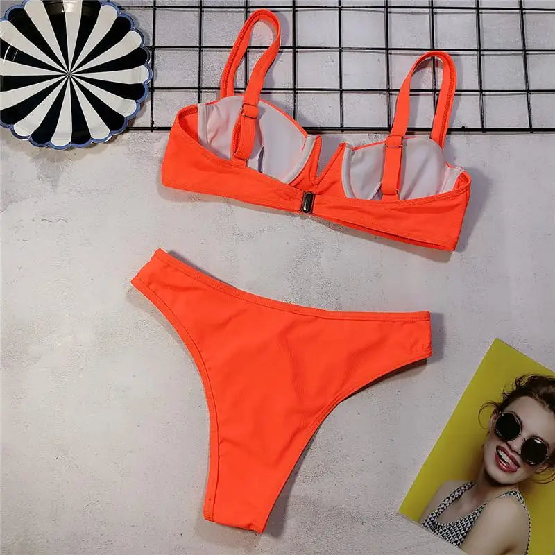 Neon Green Bikini – Underwired, high waist, push-up two-piece.
