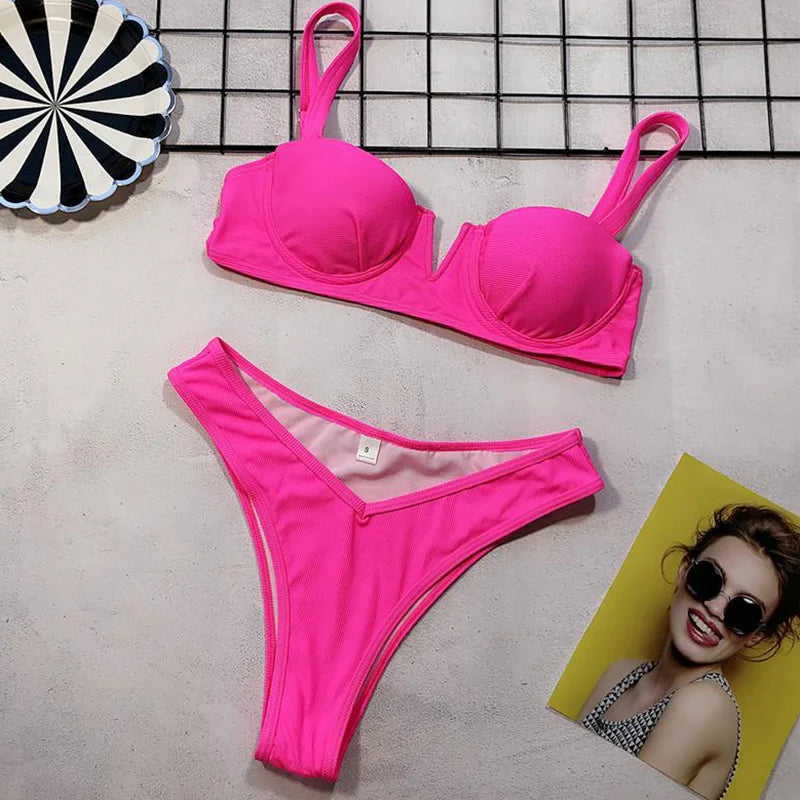 Neon Green Bikini – Underwired, high waist, push-up two-piece.