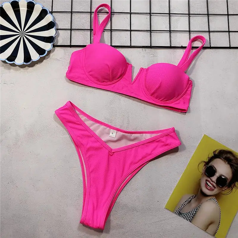 Neon Green Bikini – Underwired, high waist, push-up two-piece.