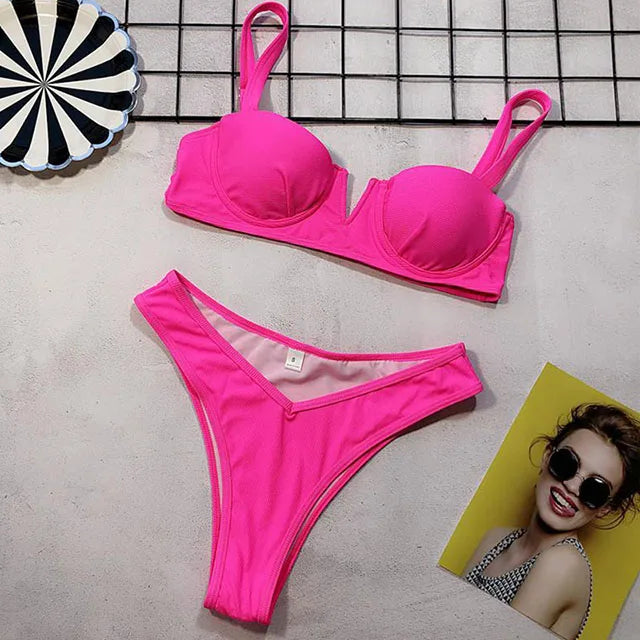 Neon Green Bikini – Underwired, high waist, push-up two-piece.