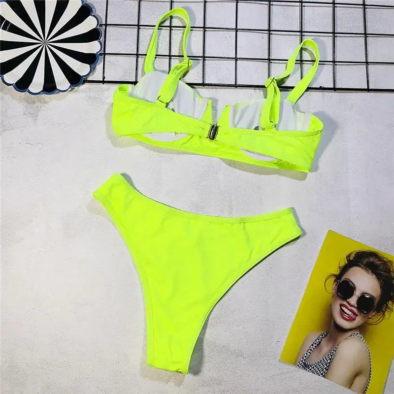 Neon Green Bikini – Underwired, high waist, push-up two-piece.