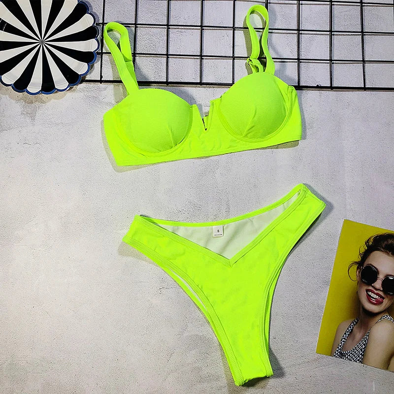 Neon Green Bikini – Underwired, high waist, push-up two-piece.