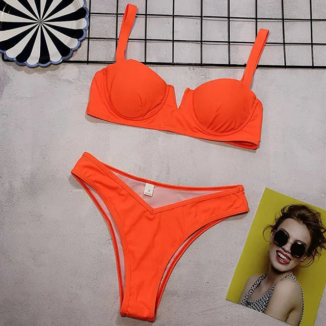 Neon Green Bikini – Underwired, high waist, push-up two-piece.