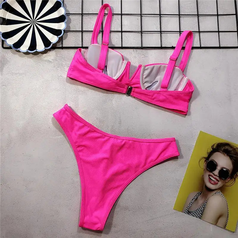 Neon Green Bikini – Underwired, high waist, push-up two-piece.