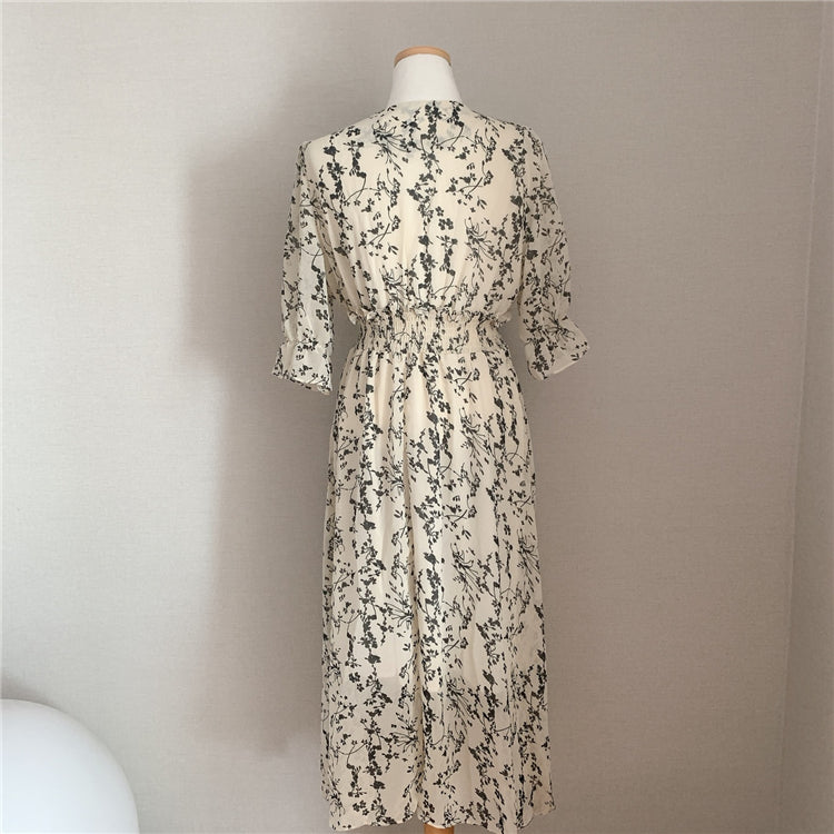 Vintage Korean Summer A-Line Dress – Slim Fit, V-Neck Floral Chiffon, Office Chic