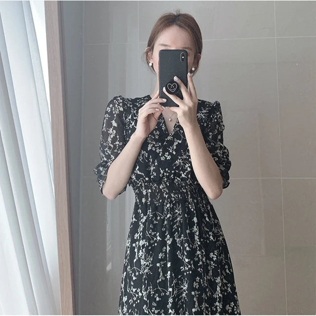 Vintage Korean Summer A-Line Dress – Slim Fit, V-Neck Floral Chiffon, Office Chic