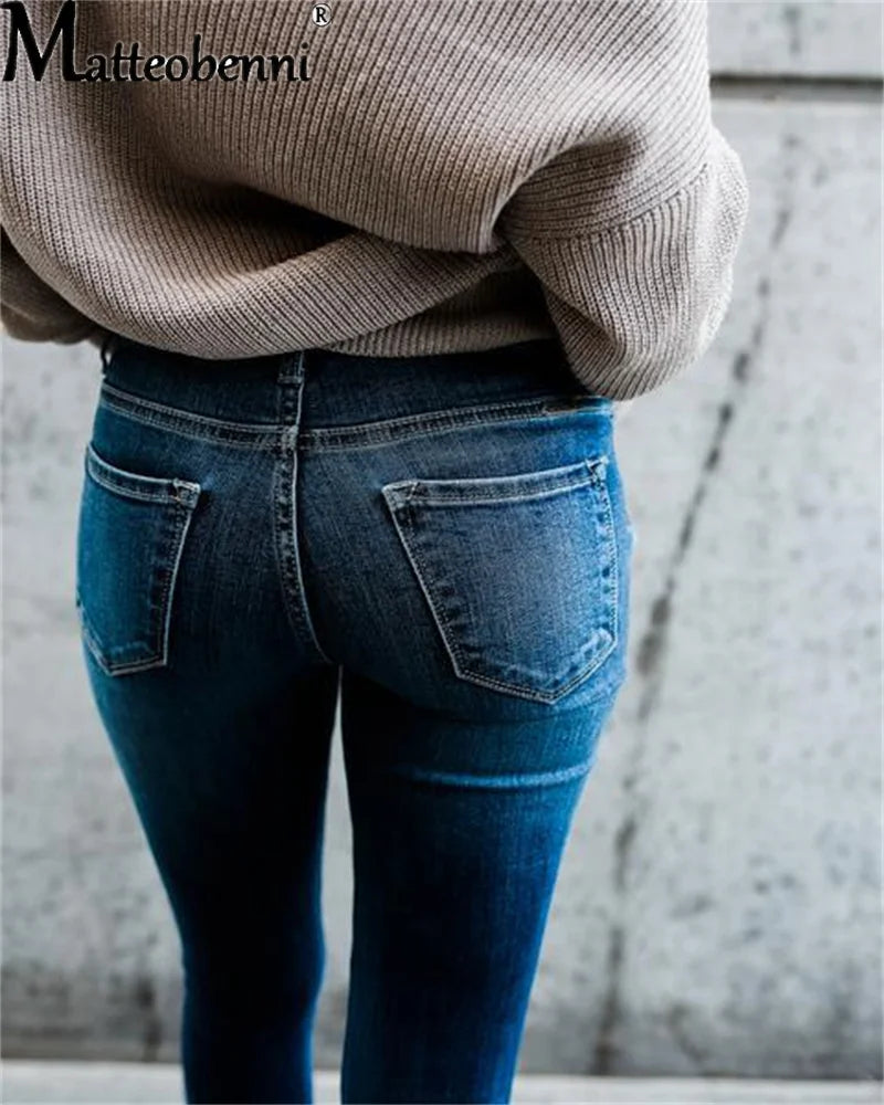 Women’s High-Waist Ripped Pencil Jeans – Tight-Fitting Stretch Denim Streetwear.