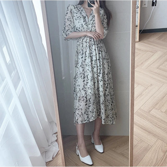 Vintage Korean Summer A-Line Dress – Slim Fit, V-Neck Floral Chiffon, Office Chic