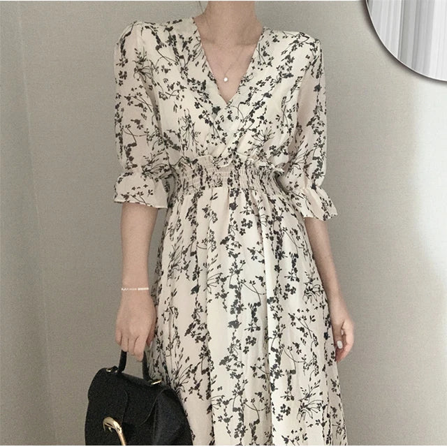 Vintage Korean Summer A-Line Dress – Slim Fit, V-Neck Floral Chiffon, Office Chic
