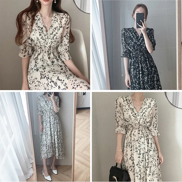 Vintage Korean Summer A-Line Dress – Slim Fit, V-Neck Floral Chiffon, Office Chic