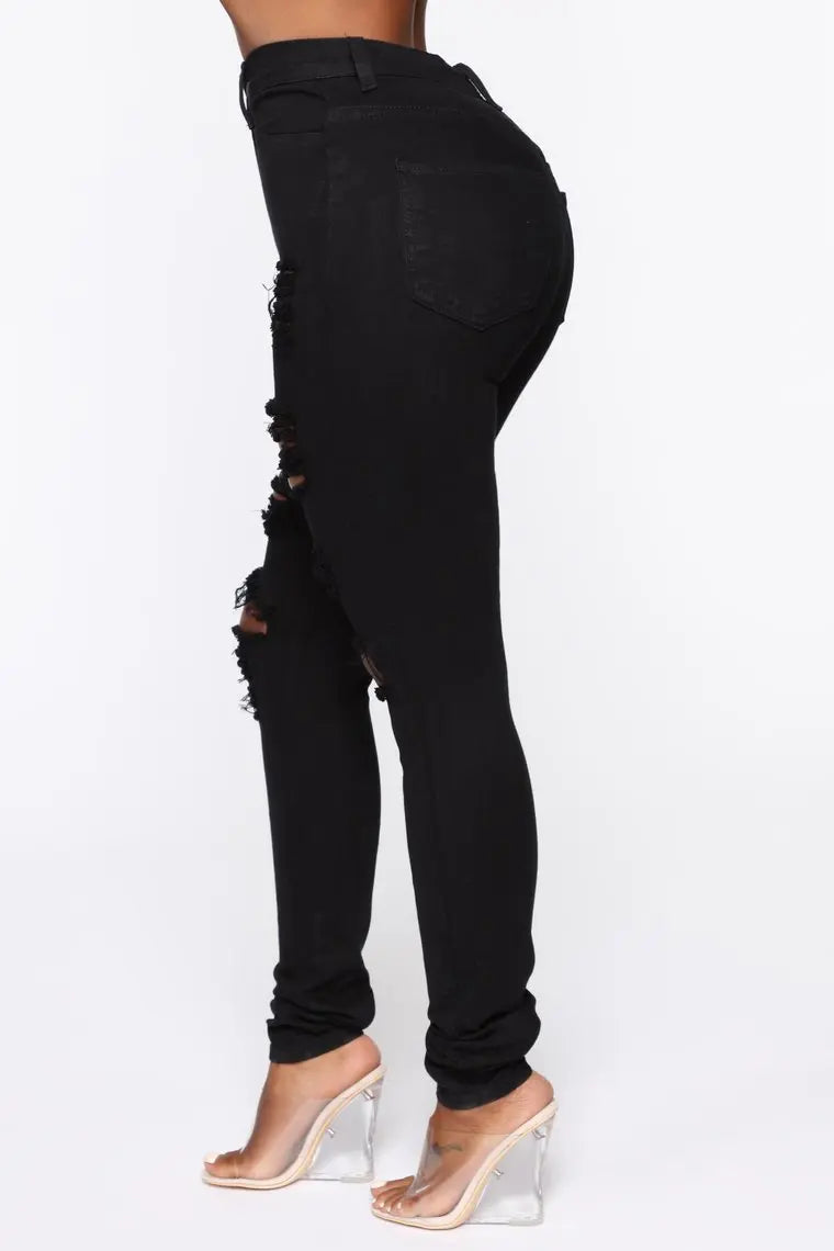 New Black Ripped Jeans for Women – High-Waist, Stretch Slim Skinny Denim, XS-XL.