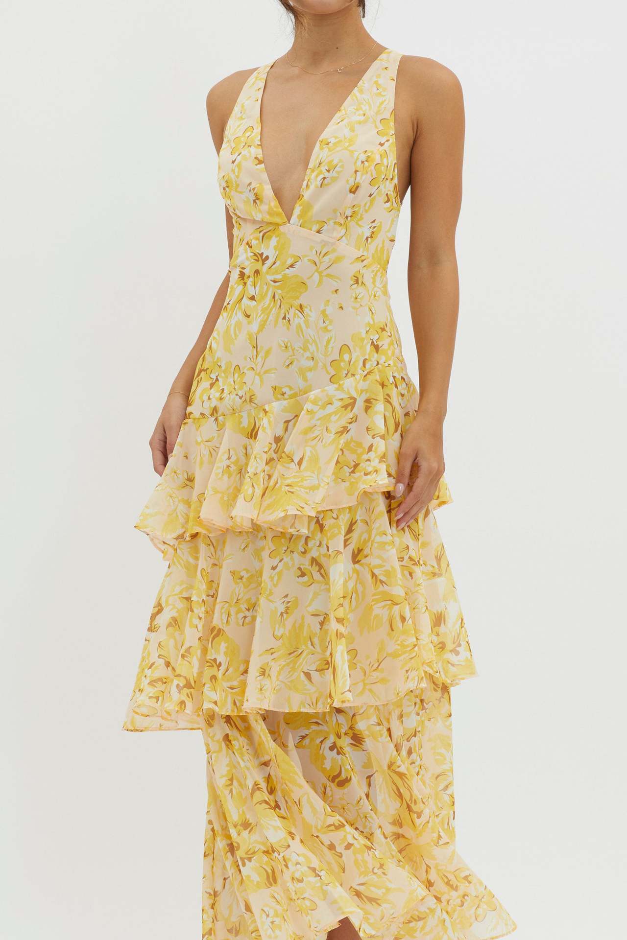 V-Neck Print Backless Flounce Sexy Dress