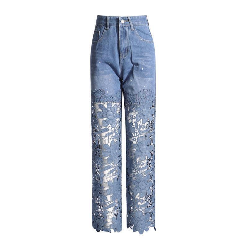 Ladies High Waist Lace Hollow Out Jeans