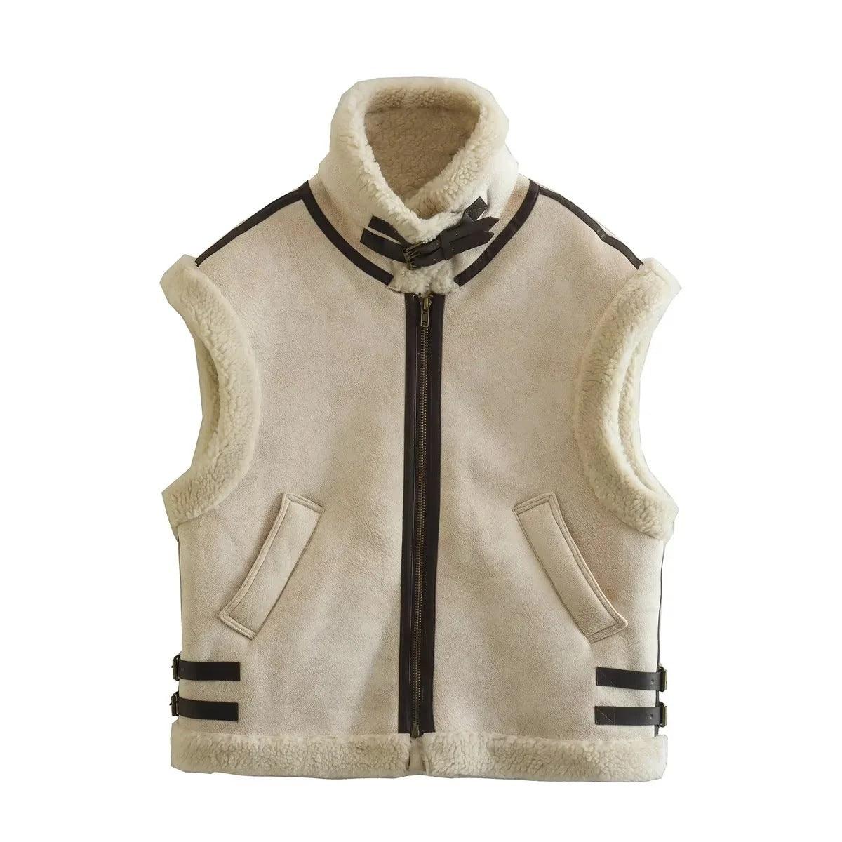 Ladies Suede Fleece Splicing Sleeveless Vest