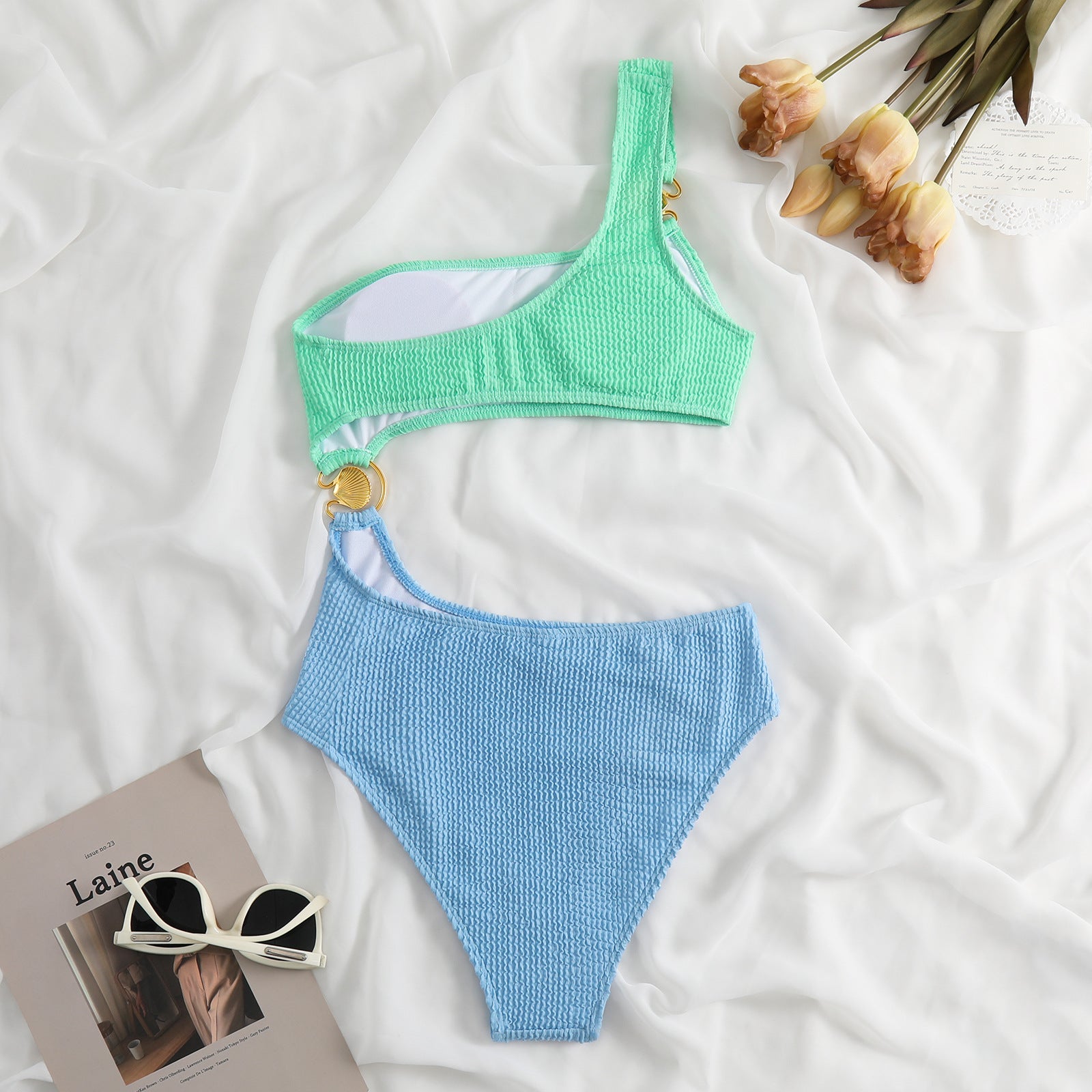 Wrinkle Golden Seashell Splice Swimwear