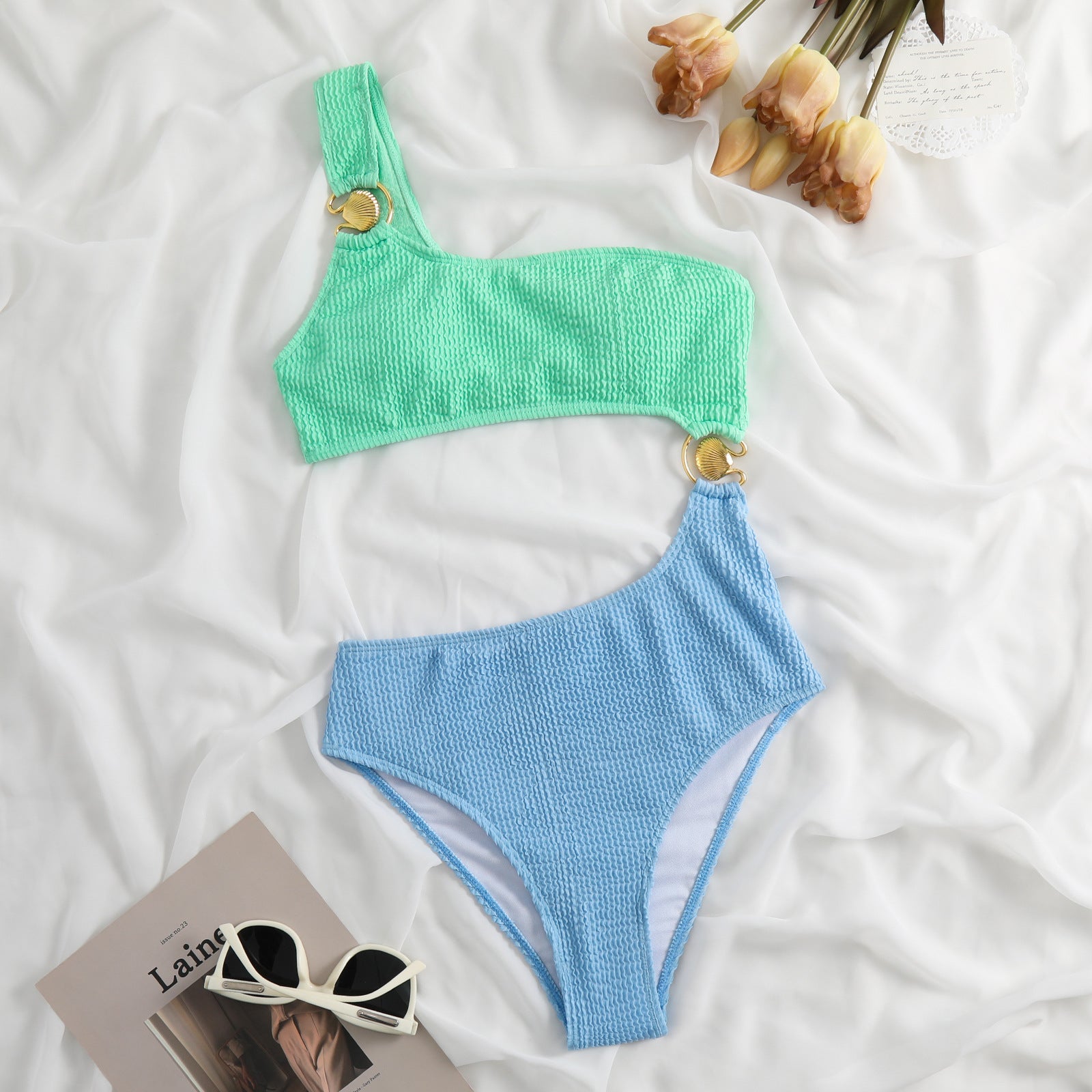 Wrinkle Golden Seashell Splice Swimwear