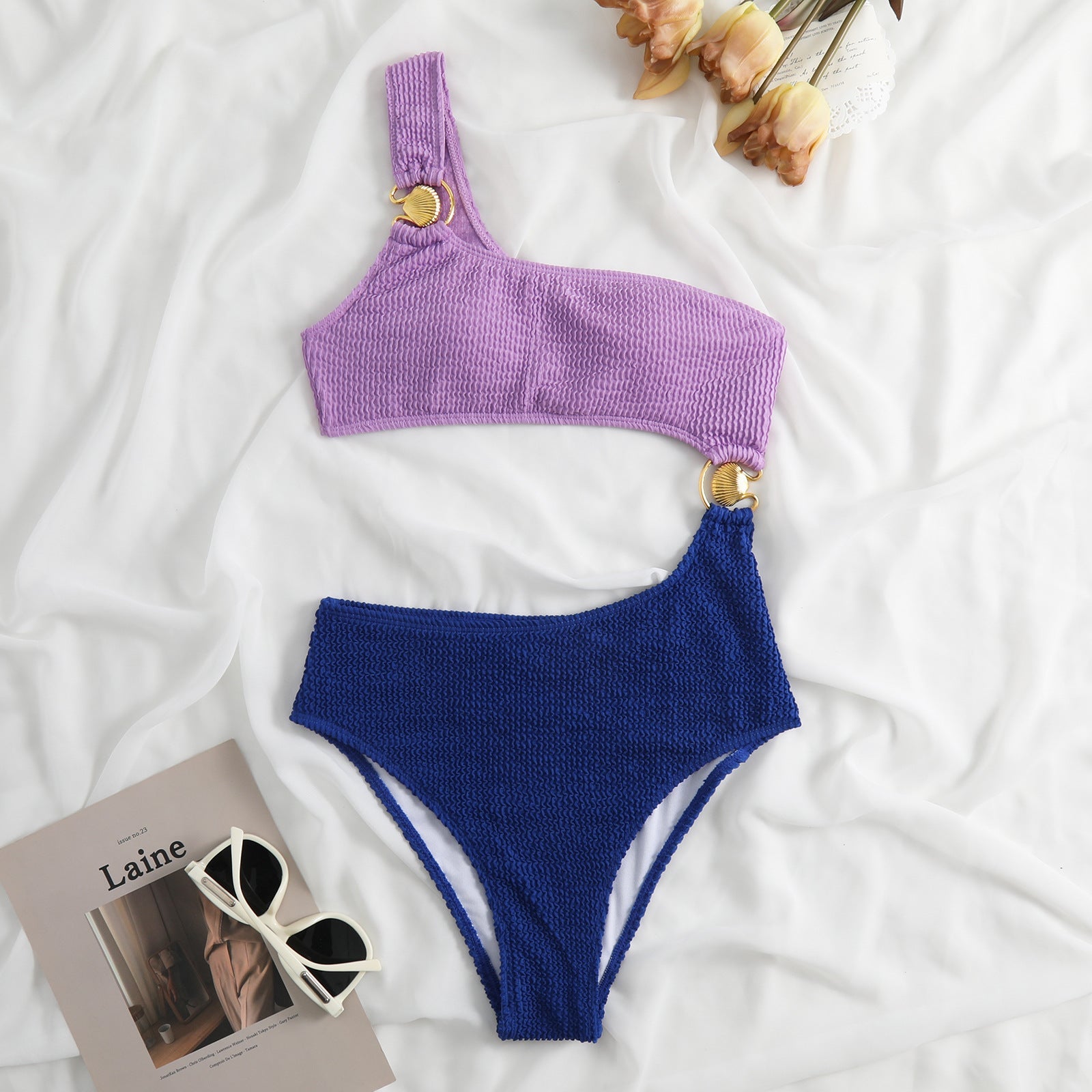 Wrinkle Golden Seashell Splice Swimwear