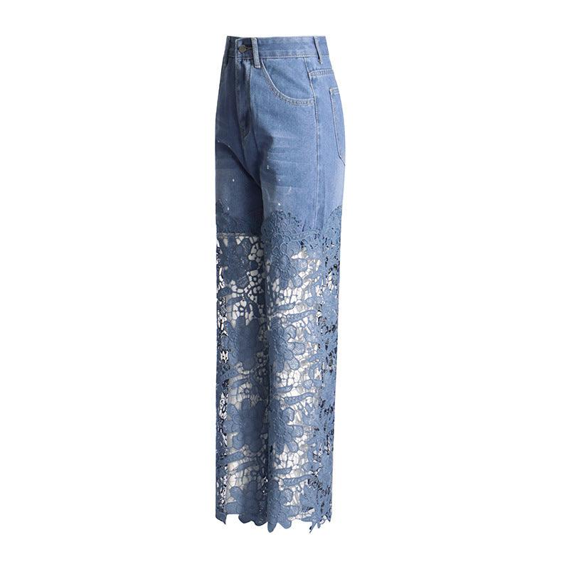 Ladies High Waist Lace Hollow Out Jeans