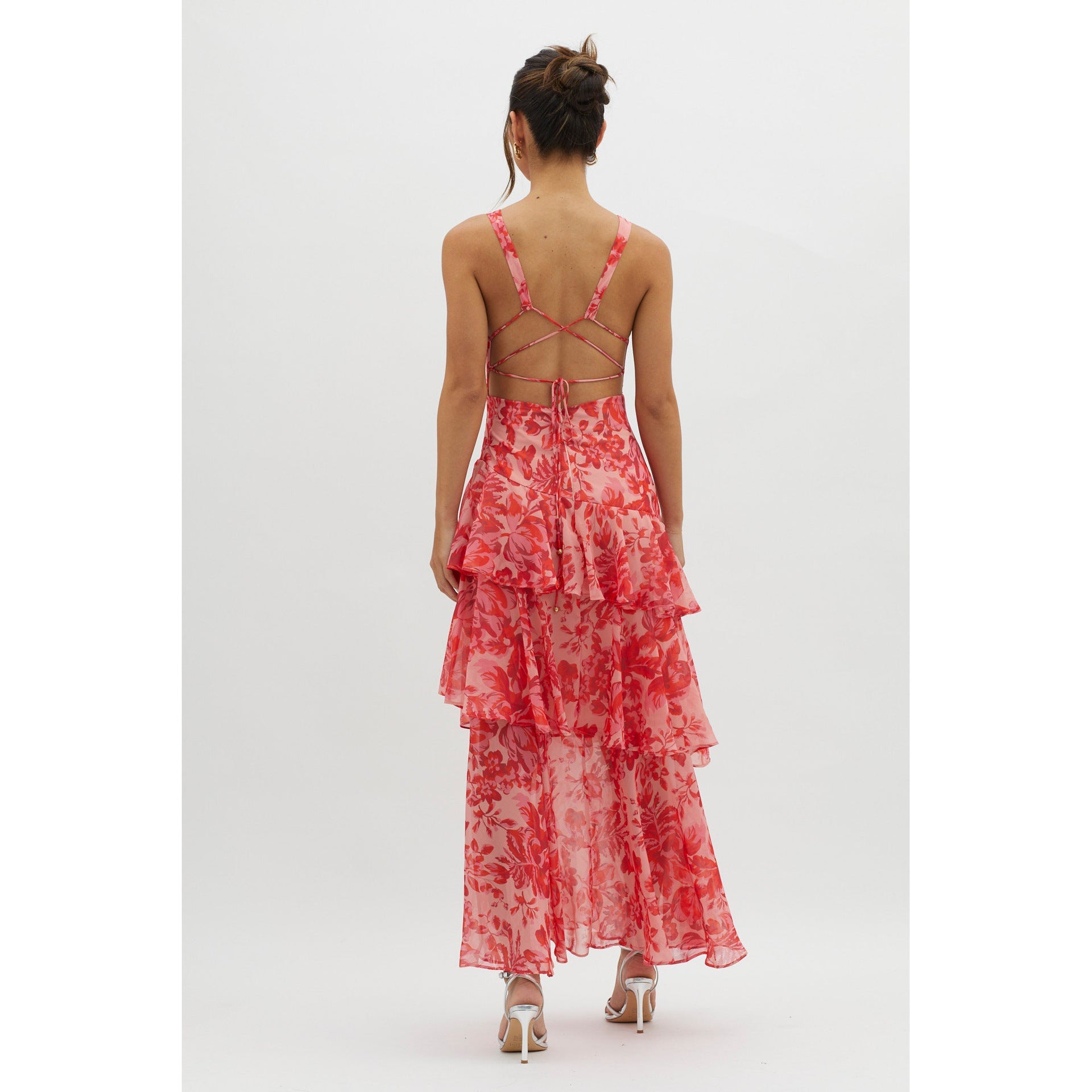 V-Neck Print Backless Flounce Sexy Dress