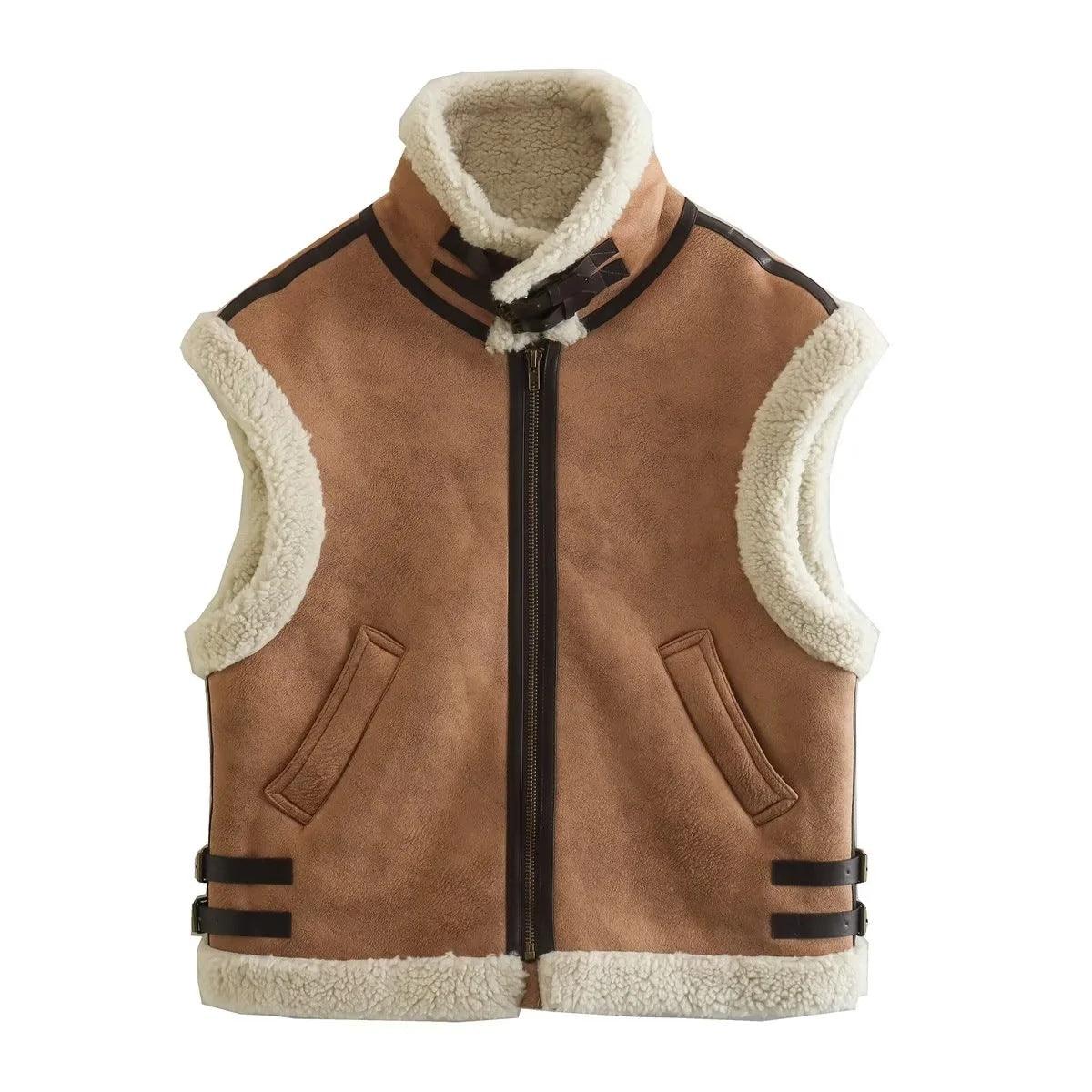 Ladies Suede Fleece Splicing Sleeveless Vest