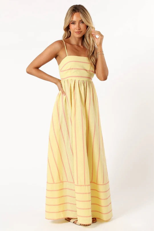 Striped Color Block Backless Spaghetti Dress