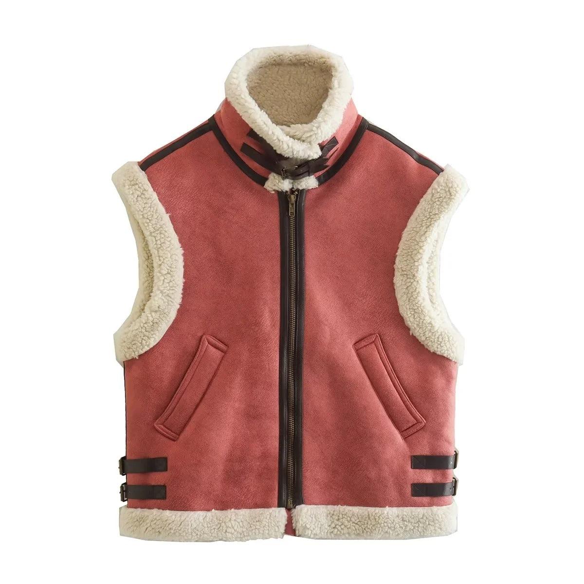 Ladies Suede Fleece Splicing Sleeveless Vest