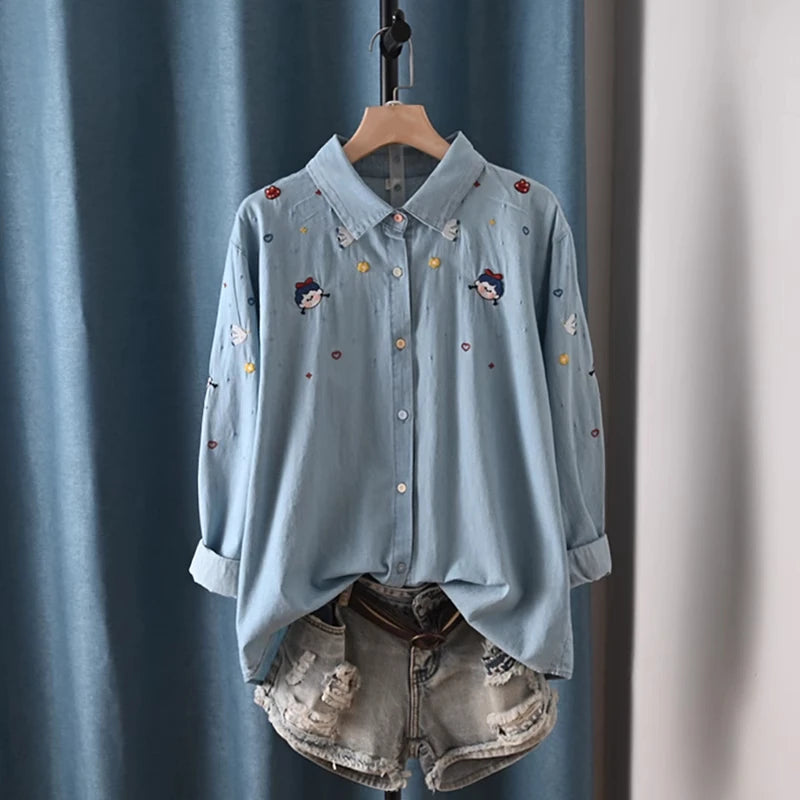 Harajuku Y2K Denim Shirt, Women's Spring Top, Floral Embroidery, Long Sleeve.